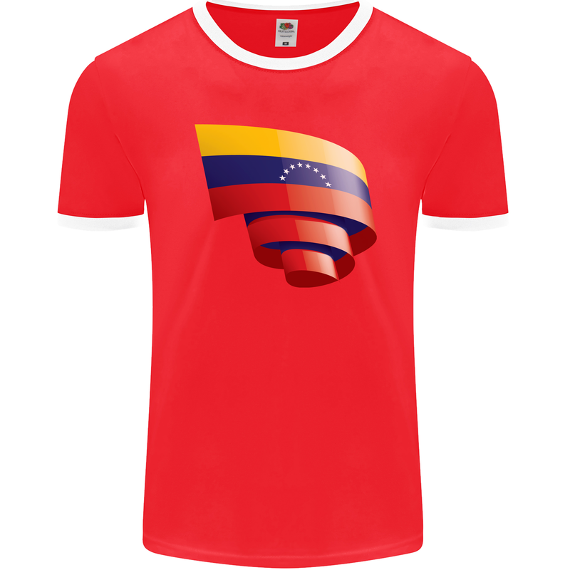 Curled Venezuela Flag Venezuelans Day Football Mens Ringer T-Shirt FotL Red/White