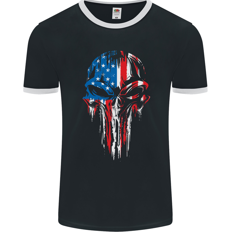 USA Flag Skull Gym MMA Biker America Mens Ringer T-Shirt FotL Black/White