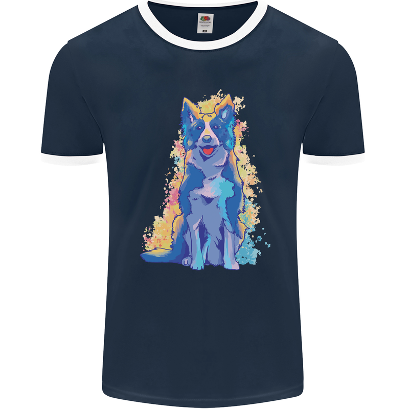 A Colourful Border Collie Dog Mens Ringer T-Shirt FotL Navy Blue/White