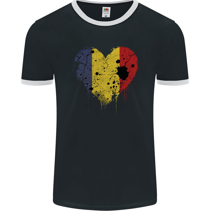 Love Romania Flag Romanian Day Football Mens Ringer T-Shirt FotL Black/White