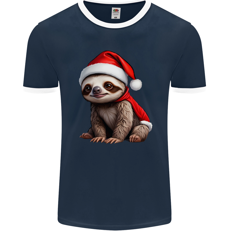 A Cute Christmas Sloth With Xmas Hat on Mens Ringer T-Shirt FotL Navy Blue/White