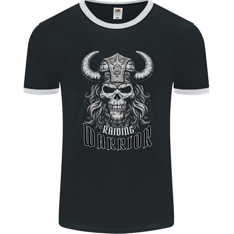 Viking Raiding Warrior Skull Mens Ringer T-Shirt FotL Black/White