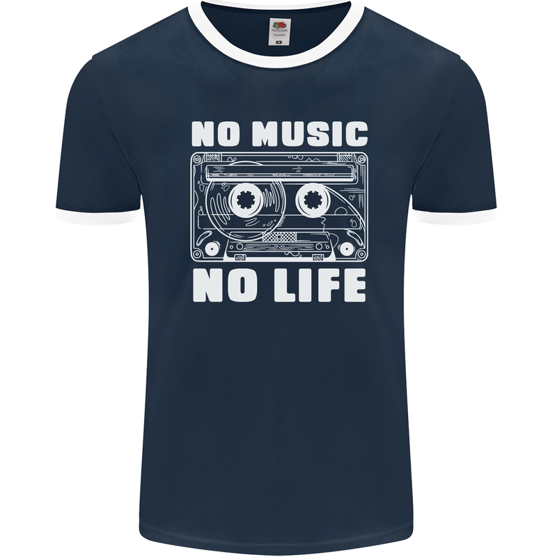 No Music No Life Retro Audio Cassette Mens Ringer T-Shirt FotL Navy Blue/White