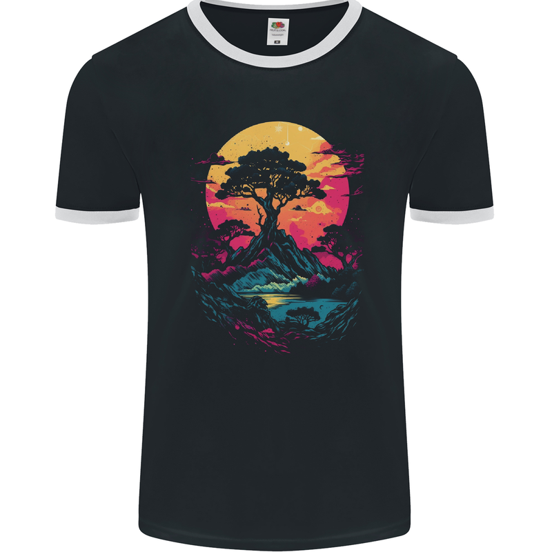 A Retrowave Landscape Outdoors Hiking Mens Ringer T-Shirt FotL Black/White