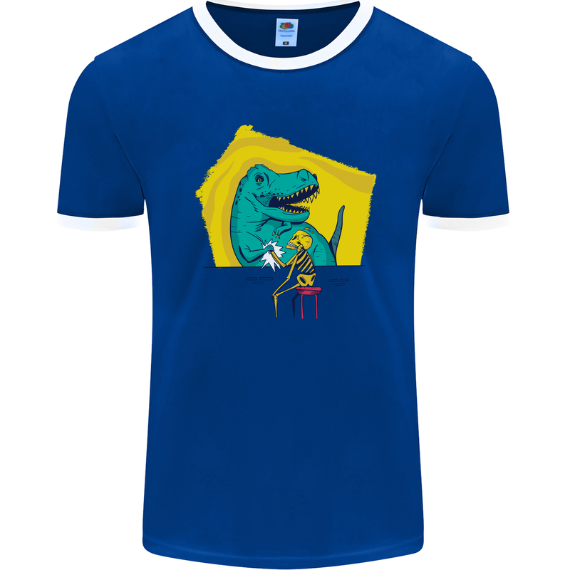 T-Rex Wrestling a Skeleton Dinosaurs Skull Mens Ringer T-Shirt FotL Royal Blue/White