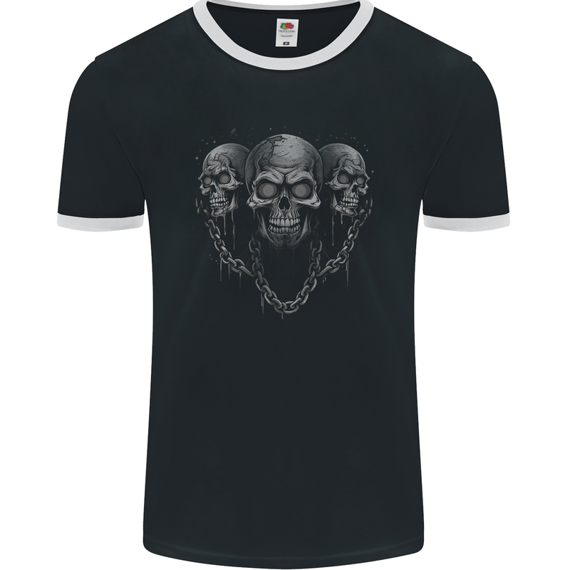 Three Skulls With Chains Heavy Metal Rock Music Mens Ringer T-Shirt FotL Black/White