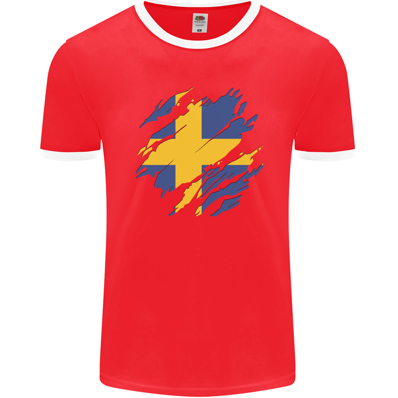 Torn Swedish Flag Sweden Day Football Mens Ringer T-Shirt FotL Red/White