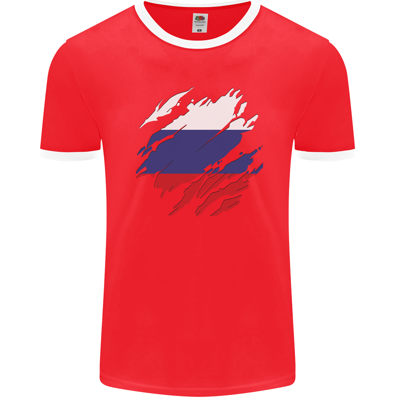 Torn Russia Flag Russian Day Football Mens Ringer T-Shirt FotL Red/White