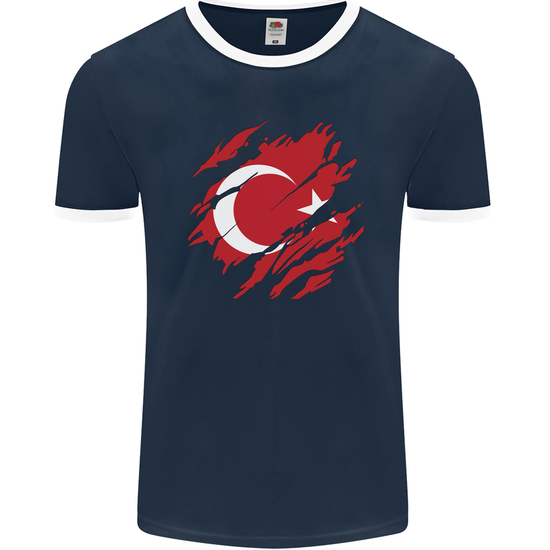 Torn Turkey Flag Turkish Day Football Mens Ringer T-Shirt FotL Navy Blue/White