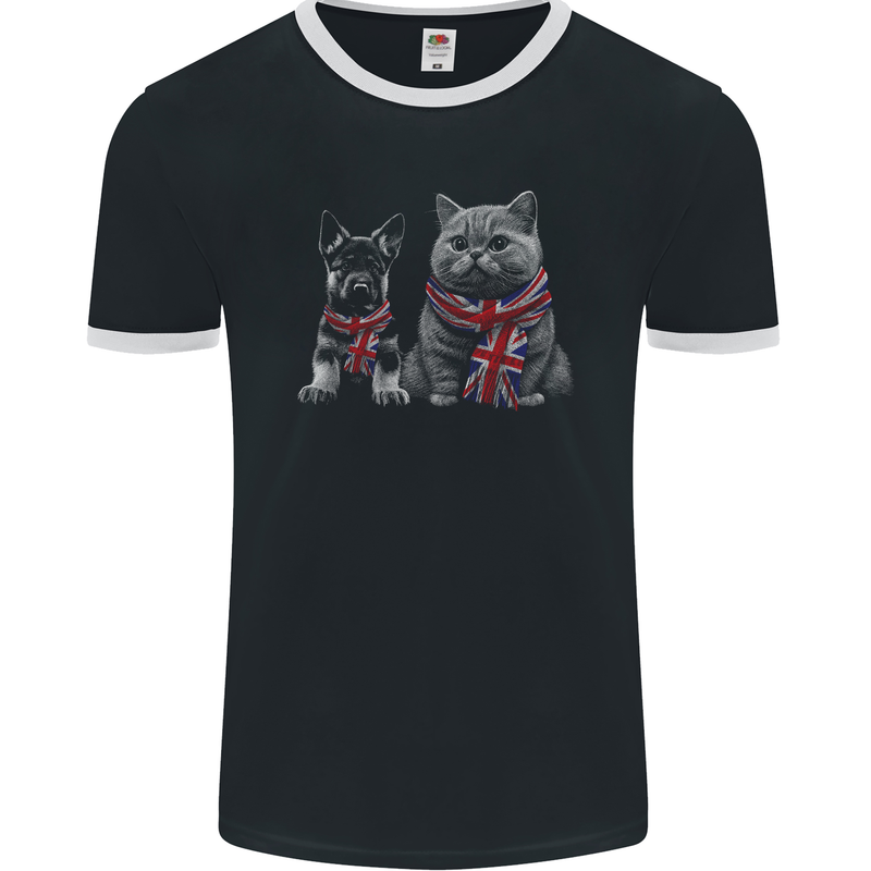 Cat & Dog Union Jack Scarf German Shepherd Mens Ringer T-Shirt FotL Black/White