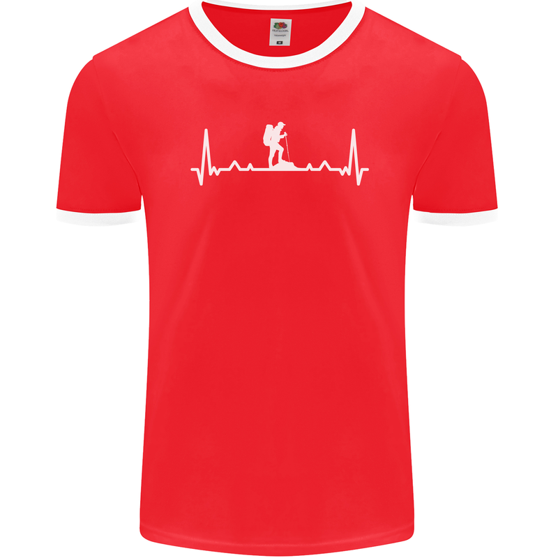 Trekking ECG Walking Rambling Hiking Pulse Mens Ringer T-Shirt FotL Red/White