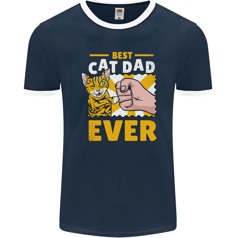 Best Cat Dad Ever Funny Fathers Day Mens Ringer T-Shirt FotL Navy Blue/White