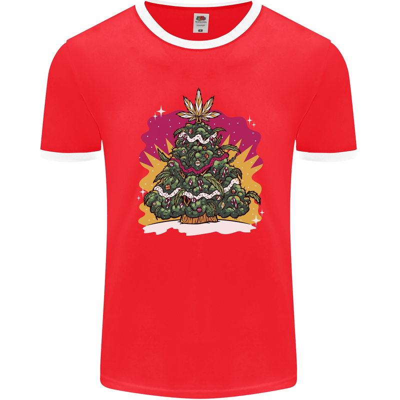 A Weed Christmas Tree Cannabis Trippy Mens Ringer T-Shirt FotL Red/White