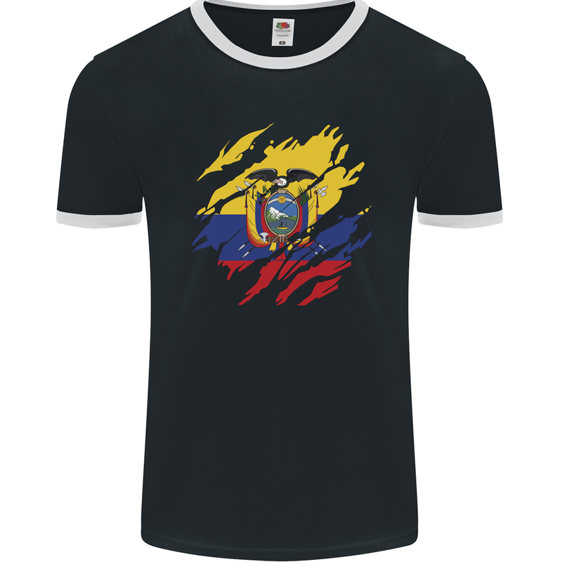 Torn Ecuador Flag Ecuadorian Day Football Mens Ringer T-Shirt FotL Black/White