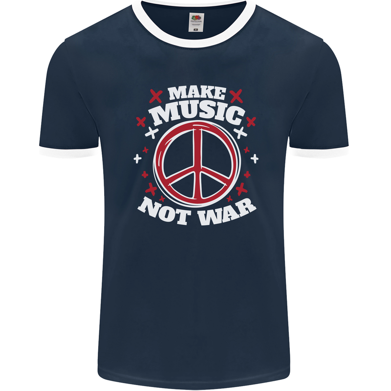 Make Music Not War Peace Hippy Rock Anti-war Mens Ringer T-Shirt FotL Navy Blue/White