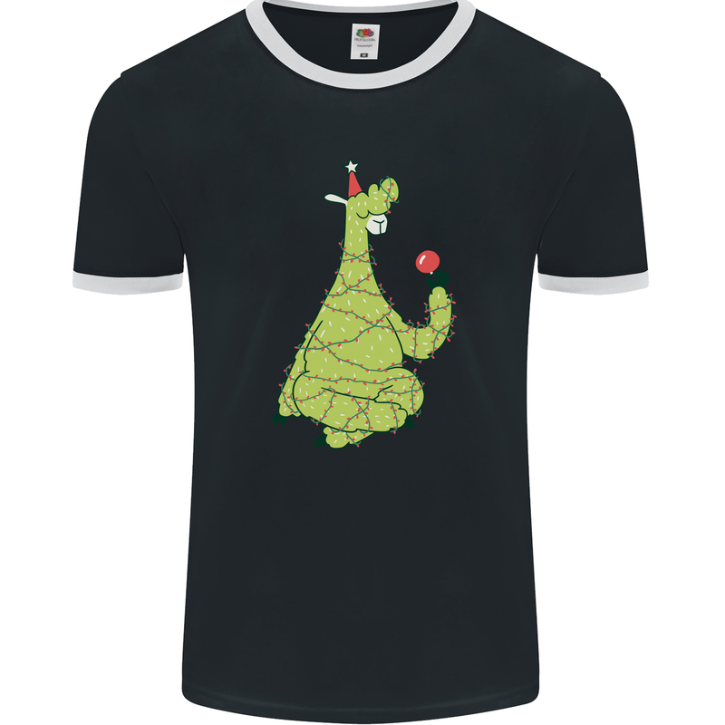 A Llama Wearing a Christmas Hat Xmas Mens Ringer T-Shirt FotL Black/White