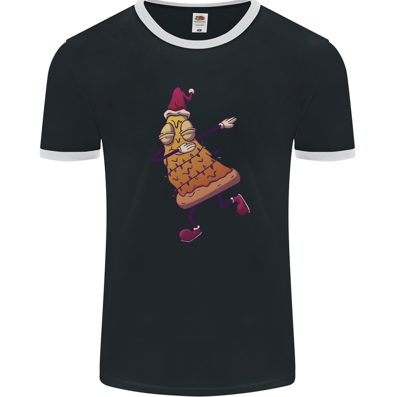 A Slice of Christmas Pizza Funny Xmas Mens Ringer T-Shirt FotL Black/White