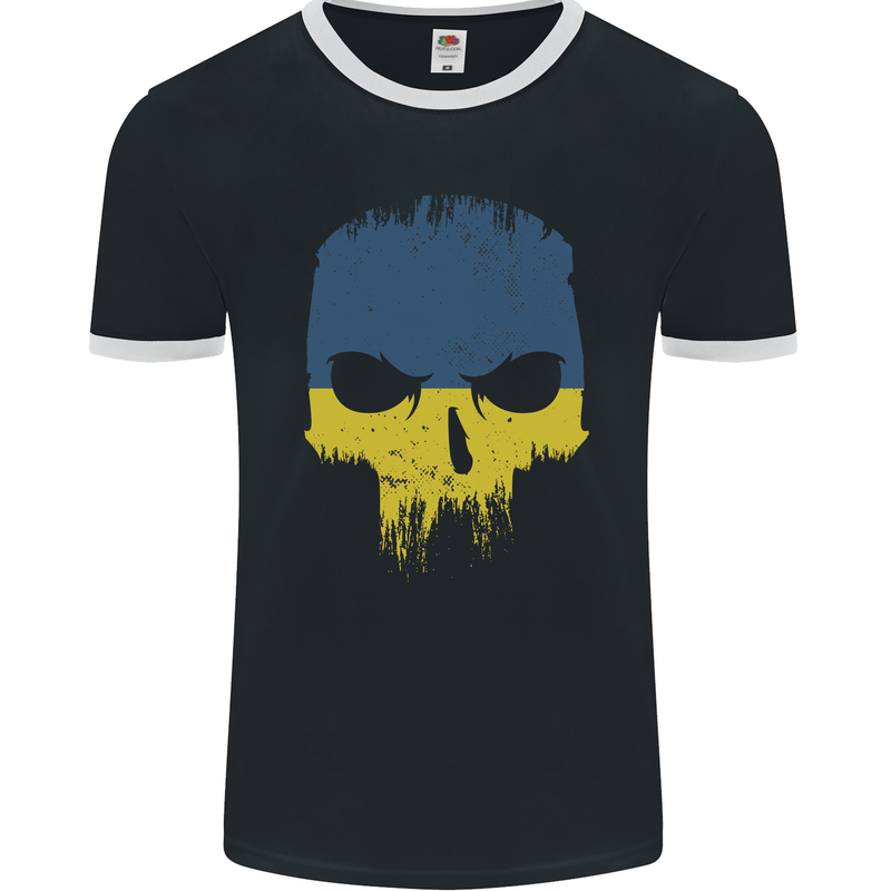 Ukraine Skull Gym Bodybuilding Biker Mens Ringer T-Shirt FotL Black/White