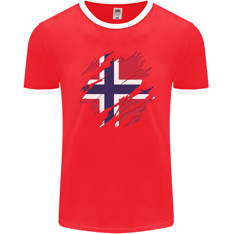 Torn Norway Flag Norwegian Day Football Mens Ringer T-Shirt FotL Red/White