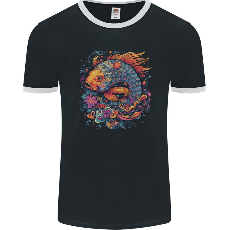 Psychedelic Koi Carp Fish Mens Ringer T-Shirt FotL Black/White