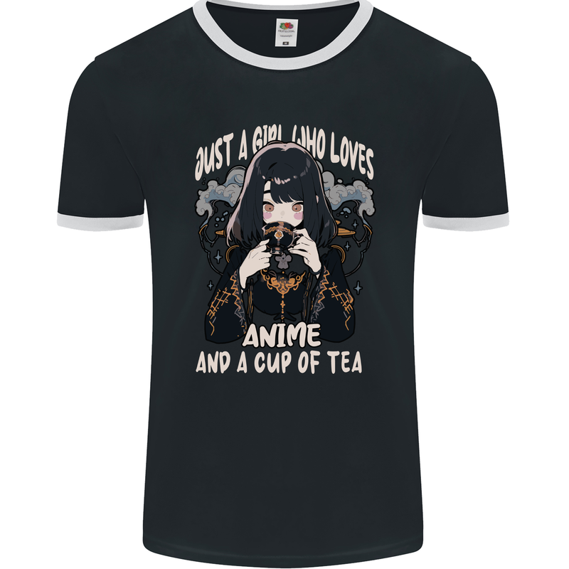 Just a Girl Who Loves Anime & a Cup of Tea Mens Ringer T-Shirt FotL Black/White