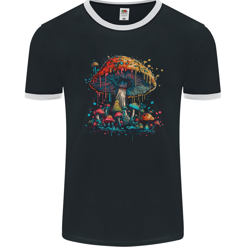 Dripping Magic Mushroom LSD Hippy Mens Ringer T-Shirt FotL Black/White