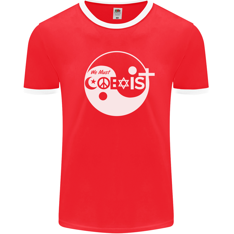 We Must Coexist World Peace Love Religion Hippy Mens Ringer T-Shirt FotL Red/White