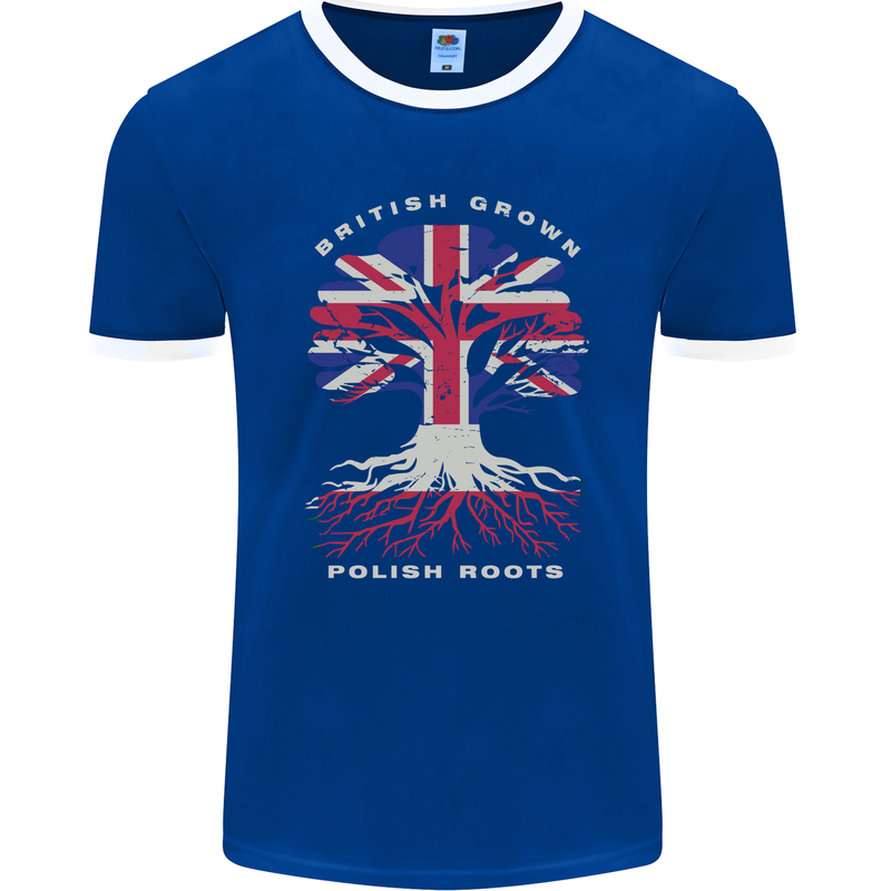 British Grown Polish Roots Poland Mens Ringer T-Shirt FotL Royal Blue/White