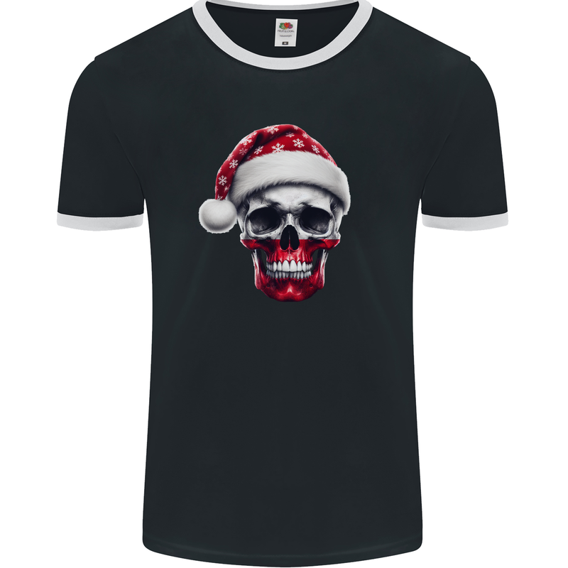 Polish Christmas Skull Xmas Poland Biker Flag Mens Ringer T-Shirt FotL Black/White