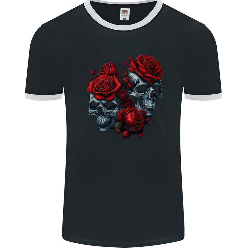 Two Skulls With Roses Gothic Goth Mens Ringer T-Shirt FotL Black/White