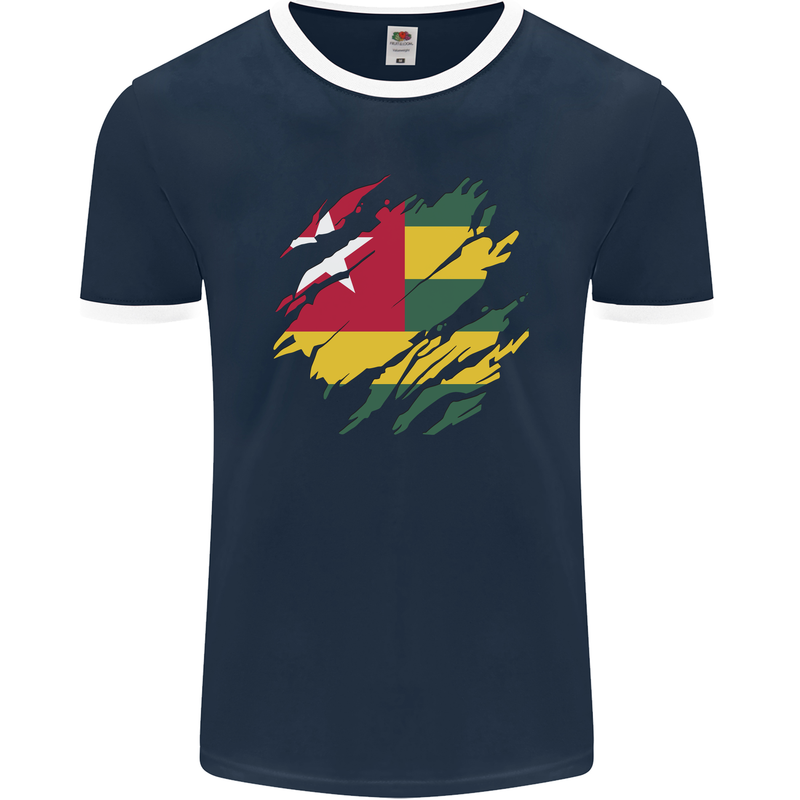 Torn Togo Flag Togolese Day Football Mens Ringer T-Shirt FotL Navy Blue/White