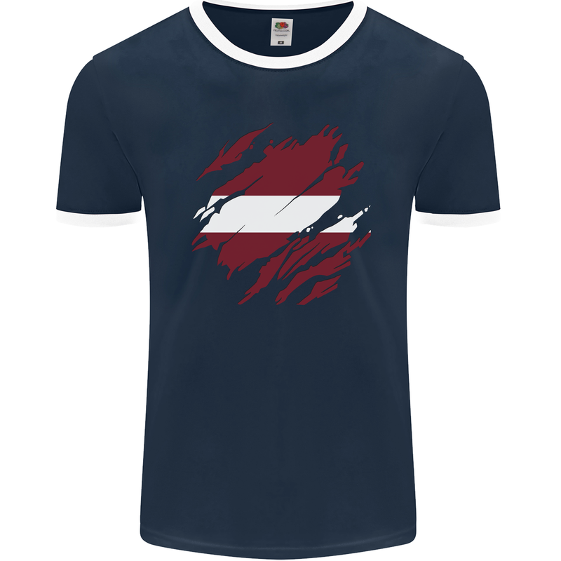 Torn Latvia Flag Latvian Day Football Mens Ringer T-Shirt FotL Navy Blue/White