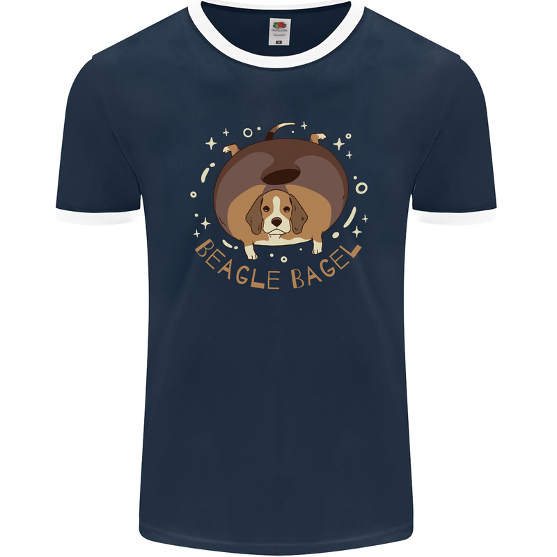 Beagle Bagel Funny Dog Mens Ringer T-Shirt FotL Navy Blue/White