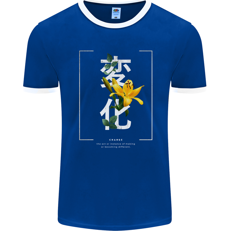 Japanese Flowers Quote Japan Change Mens Ringer T-Shirt FotL Royal Blue/White