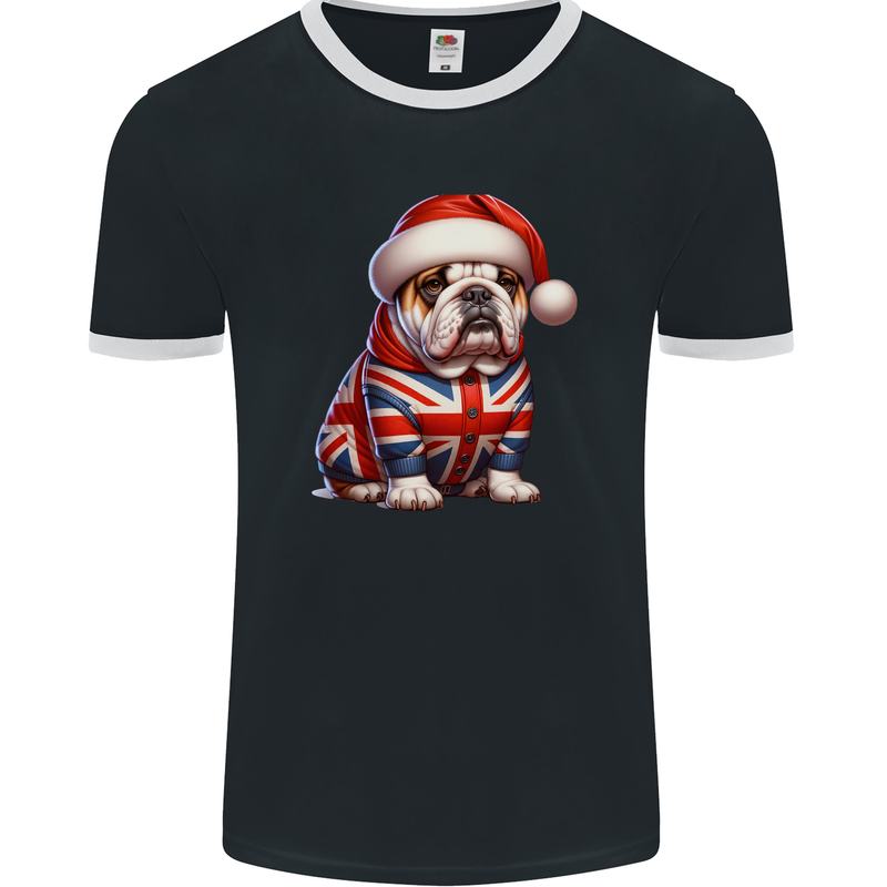 Christmas British Bulldog Union Jack Dog Xmas Mens Ringer T-Shirt FotL Black/White