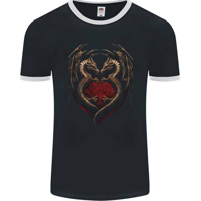 2 Fantasy Dragons in a Heart Shape Gothic Goth Mens Ringer T-Shirt FotL Black/White