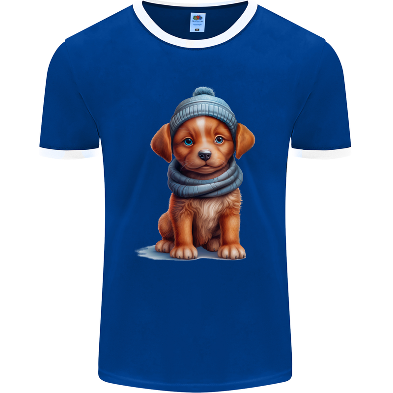 Winter Puppy With Hat and Scarf Dog Mens Ringer T-Shirt FotL Royal Blue/White