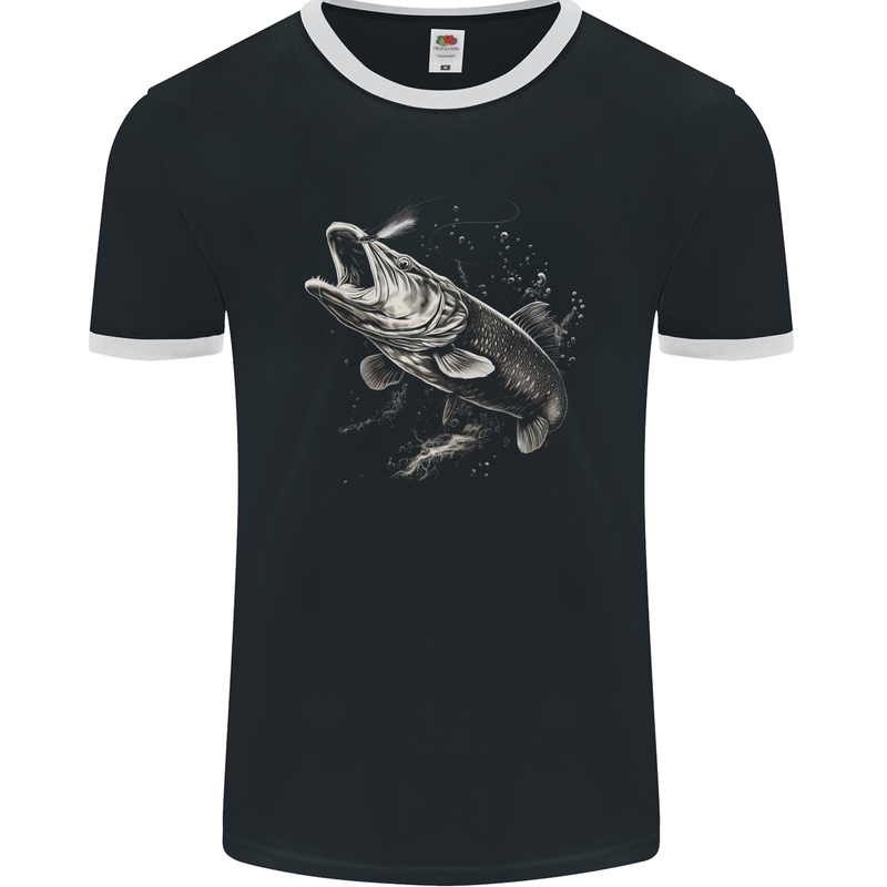 Pike Fish on a Line Fishing Fisherman Mens Ringer T-Shirt FotL Black/White