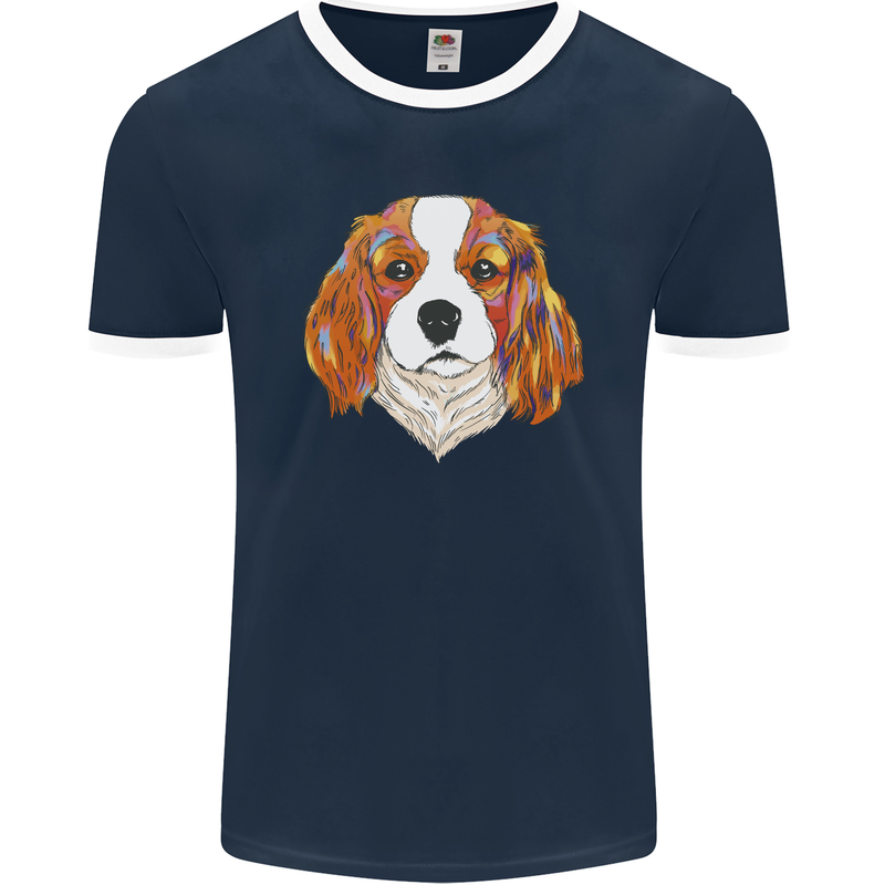 A Colourful King Charles Spaniel Dog Mens Ringer T-Shirt FotL Navy Blue/White