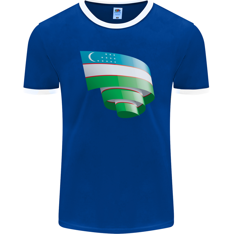 Curled Uzbekistan Flag Ukbek Day Football Mens Ringer T-Shirt FotL Royal Blue/White