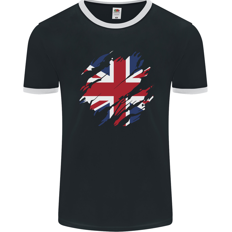 Torn British Flag Union Jack Britain Mens Ringer T-Shirt FotL Black/White