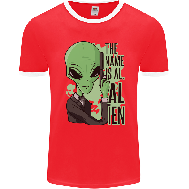 The Name is Al Alien Funny Movie Parody Mens Ringer T-Shirt FotL Red/White