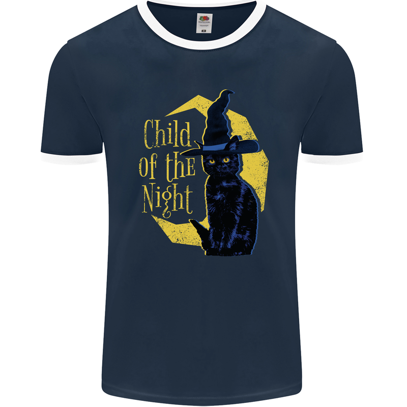 Child of the Night Halloween Black Cat Witch Mens Ringer T-Shirt FotL Navy Blue/White