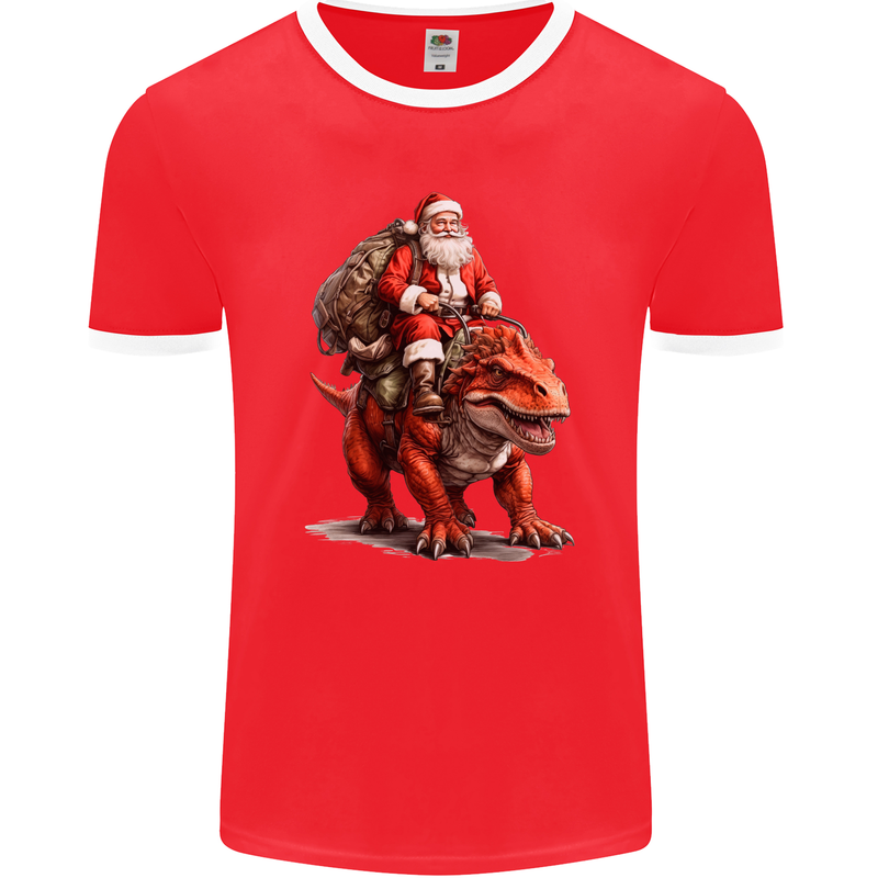 Christmas Santa Riding a Dinosaur Xmas Mens Ringer T-Shirt FotL Red/White