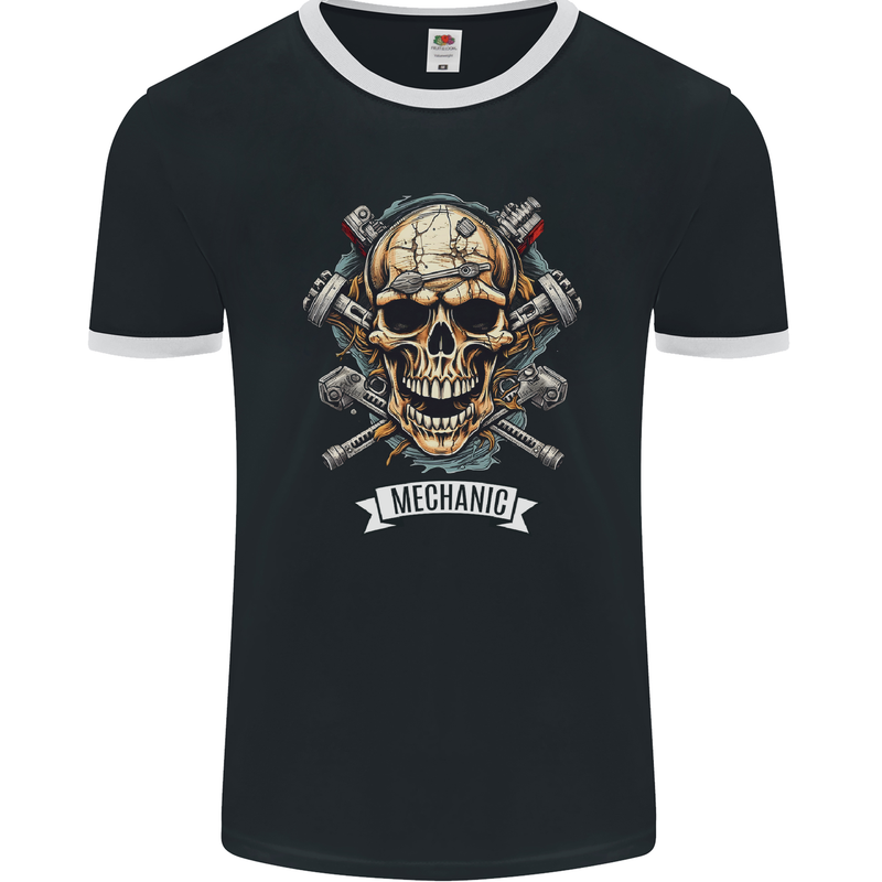 Mechanic Skull Biker Motorbike, Motorcycle, Mens Ringer T-Shirt FotL Black/White