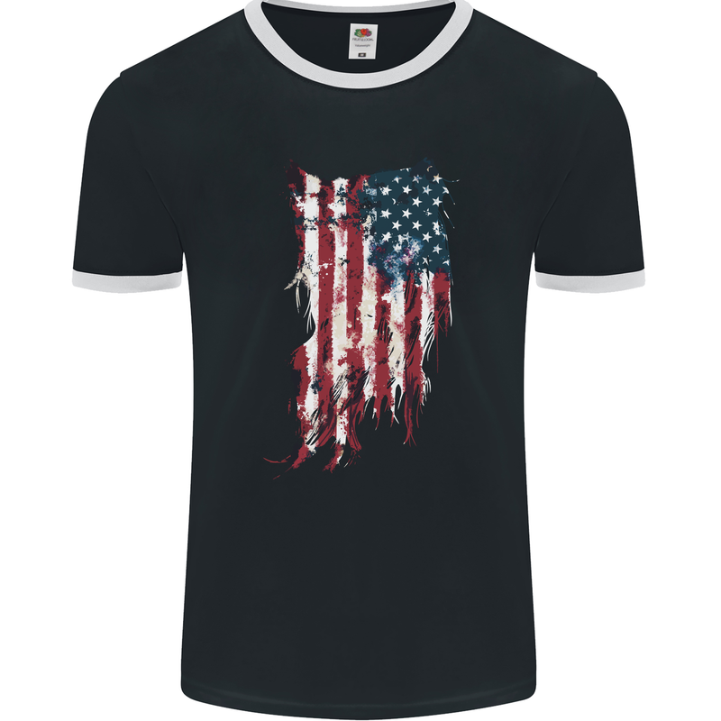 Distressed American Stars & Stripes Flag USA Mens Ringer T-Shirt FotL Black/White