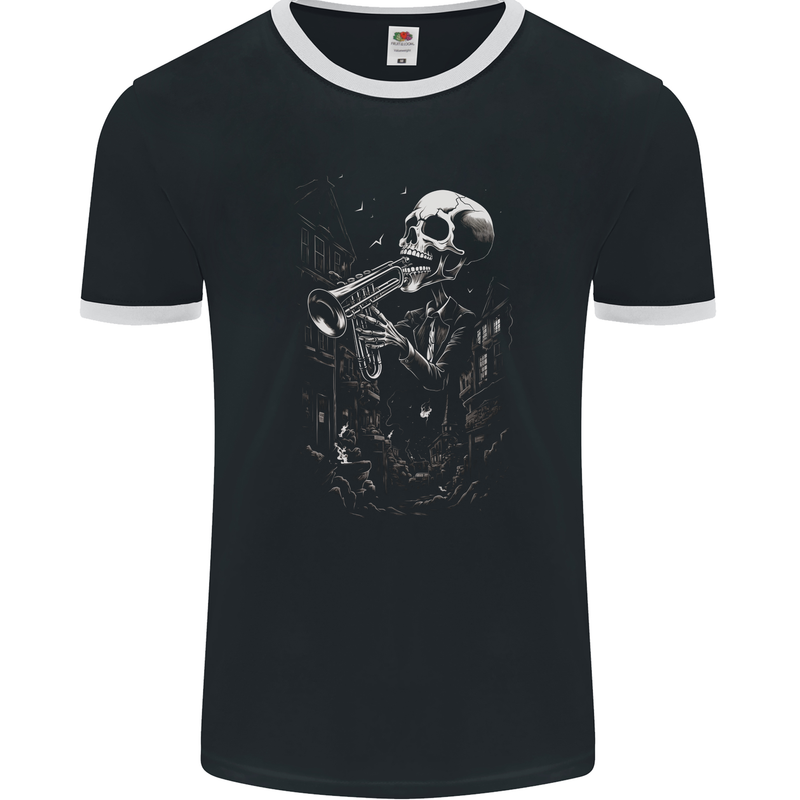 Day of the Dead Skeleton Trumpet Skull DOTD Mens Ringer T-Shirt FotL Black/White