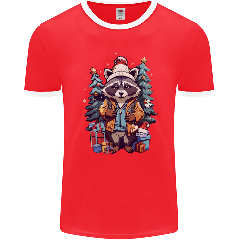 A Cool Christmas Racoon Xmas Mens Ringer T-Shirt FotL Red/White