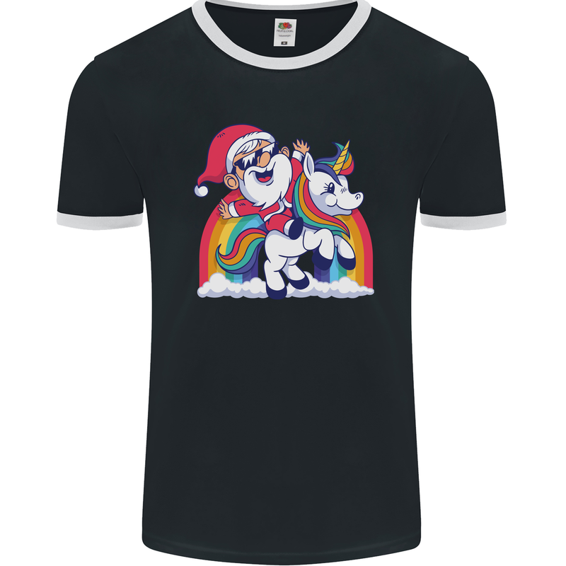 Christmas Santa Claus On a Unicorn Xmas Mens Ringer T-Shirt FotL Black/White