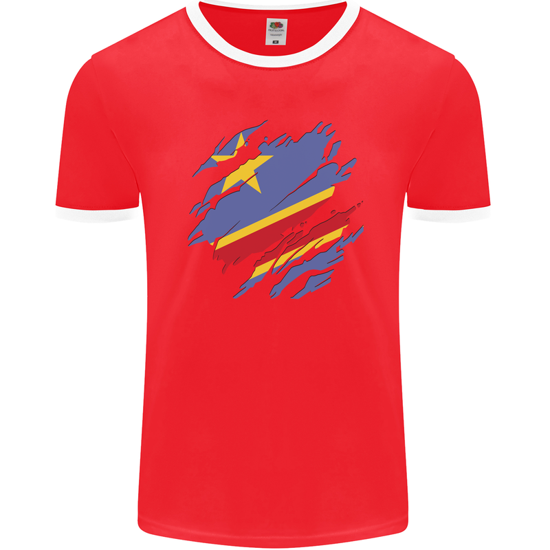 Torn DR Congo Flag Congolese Day Football Mens Ringer T-Shirt FotL Red/White